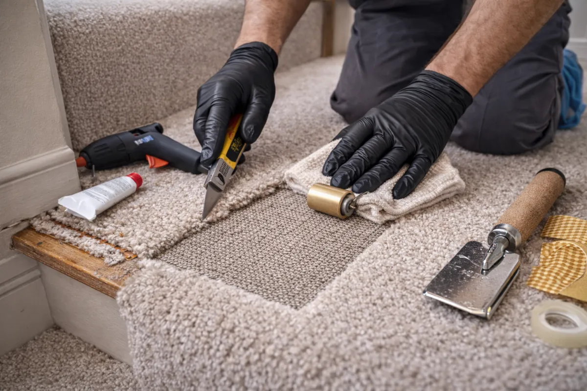 Technician repairing carpet damage with a matching donor patch for best blending.
