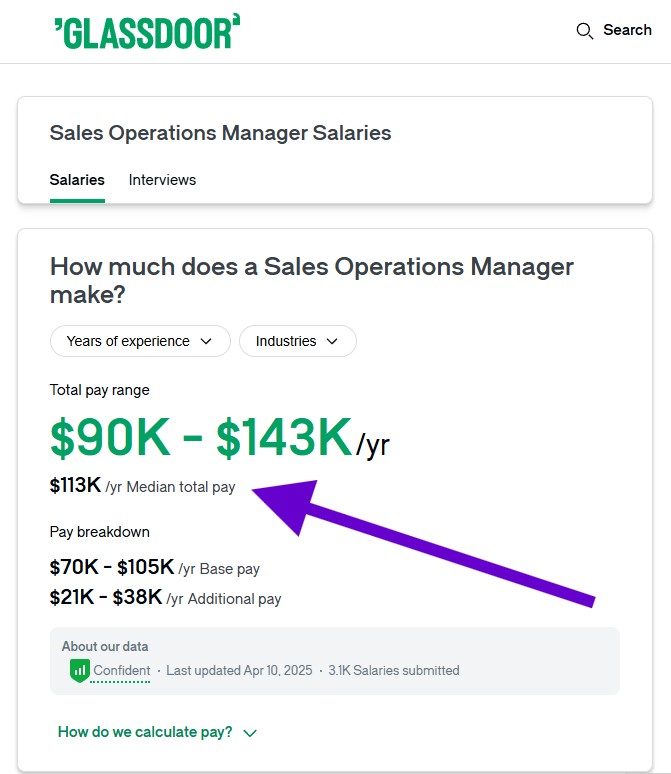 Screenshot of Glassdoor Sales Operations Manager salary