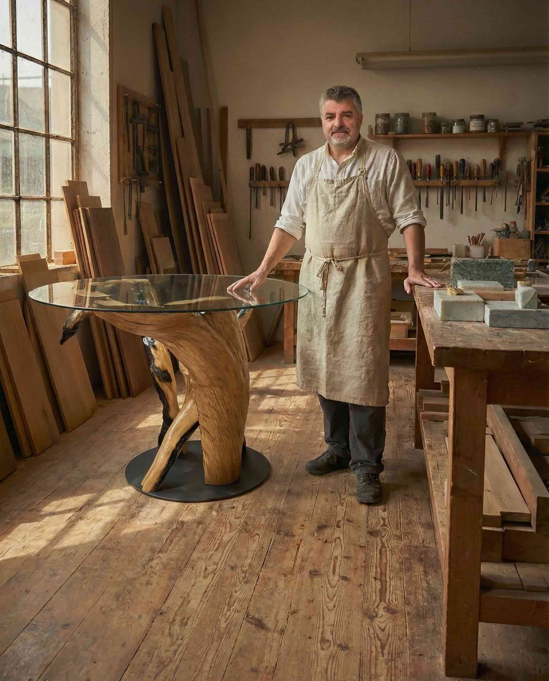 Portrait of Hubert Pasieka, a European artisan in his 40s, standing in a sunlit workshop surrounded by wood, brass, and marble, wearing a linen apron, hands gently resting on a half-finished table. 1:1 aspect ratio.