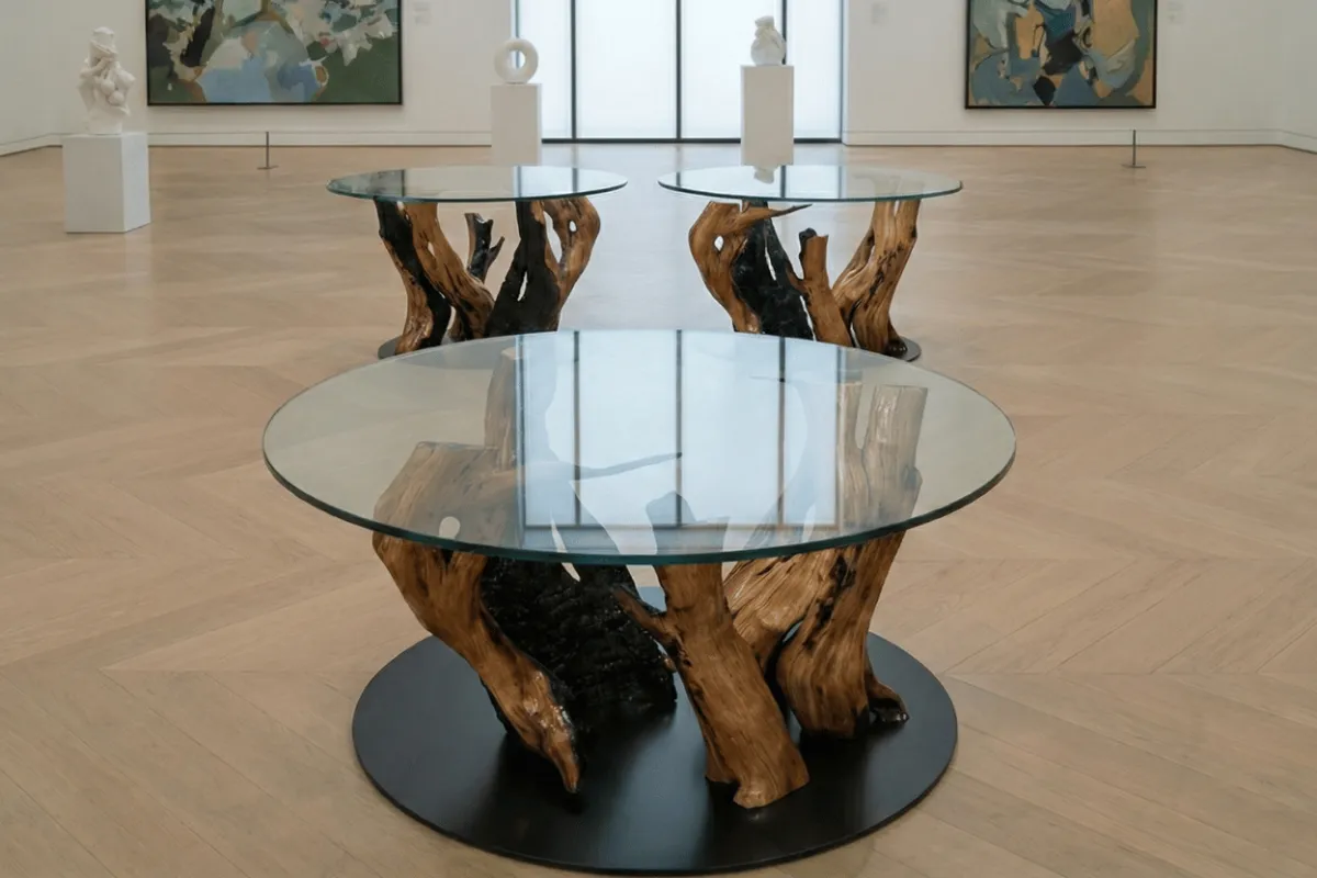 A pair of custom marble and brass side tables with geometric inlays, displayed in a softly lit, modern art-filled foyer with herringbone wood floors. 3:2 aspect ratio.