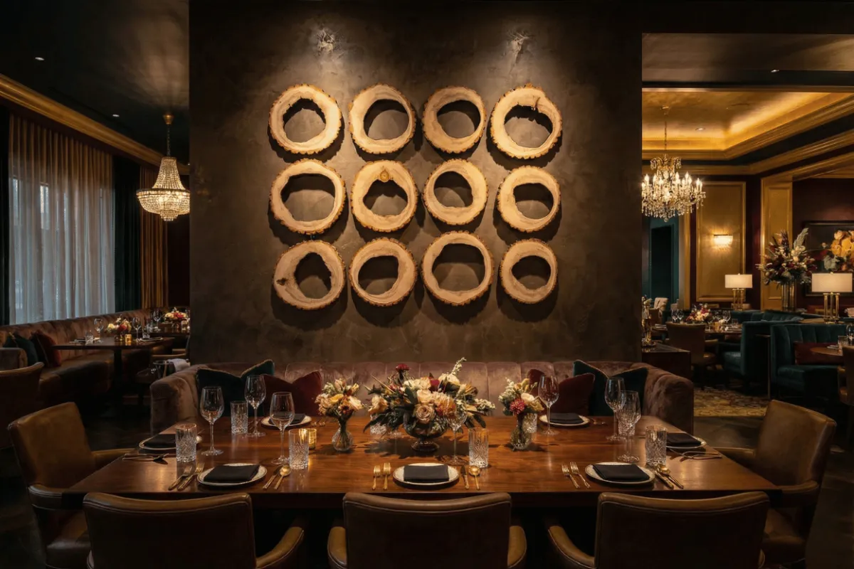 A close-up of hands selecting rare wood veneers and brass inlays on a design table, with sketches and material samples, in a softly lit, modern studio. 1:1 aspect ratio.