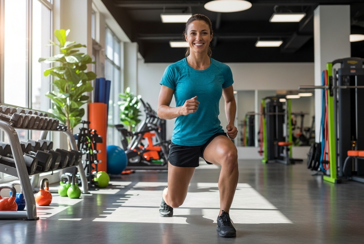Azi, a fit personal trainer, demonstrates a dynamic lunge in a bright, modern gym, exuding energy and approachability. The background features vibrant gym equipment and natural light, emphasizing a welcoming, motivating environment for all fitness levels.
