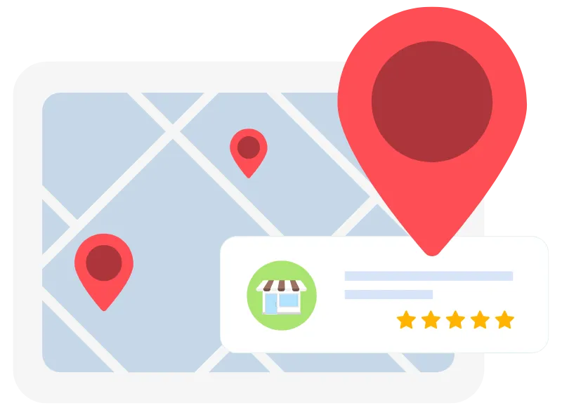 Map illustration featuring location markers and a business profile card with five-star ratings, emphasizing local business visibility and customer engagement strategies.