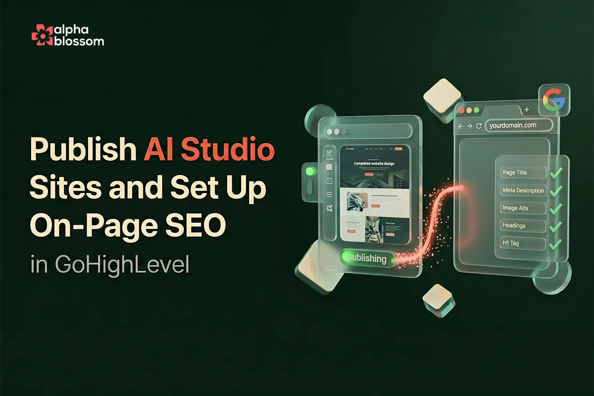 AI Studio website being published with custom domain and on-page SEO settings configured in GoHighLevel