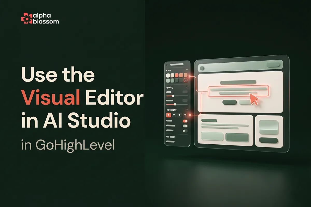 Website preview with coral-highlighted element connected to a visual editor sidebar panel on a dark green background