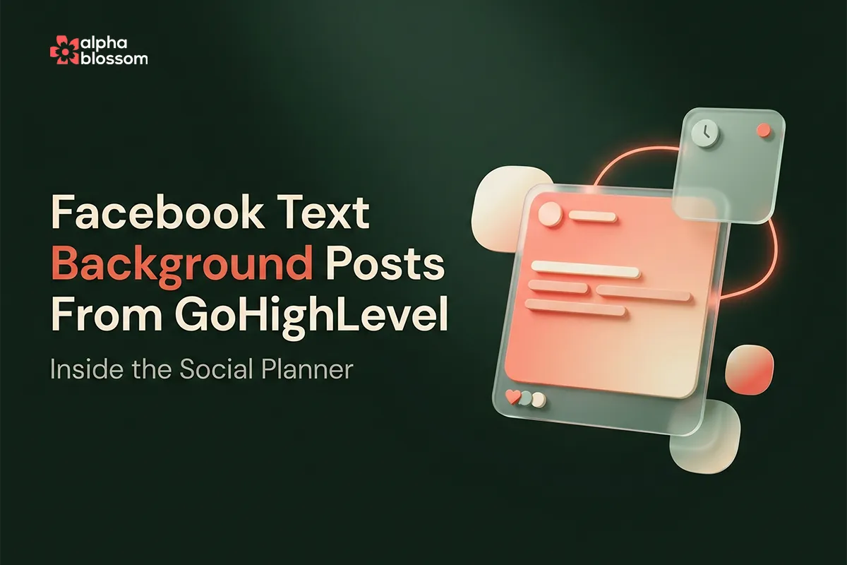 Glass-style Facebook text post with a coral gradient background connected by a flowing light trail to a scheduling calendar tile on a dark green background