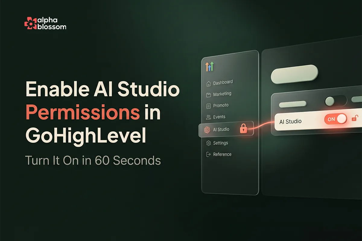 GoHighLevel sidebar with a coral-locked AI Studio menu item connected by a light trail to a roles-and-permissions panel where the AI Studio permission toggle is switched on