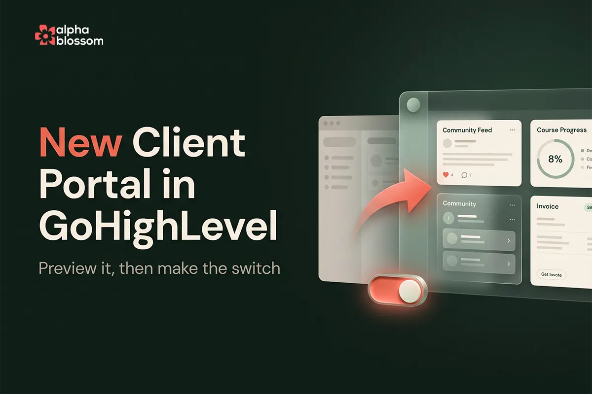 New unified client portal in GoHighLevel showing the upgraded dashboard with communities, courses and invoices
