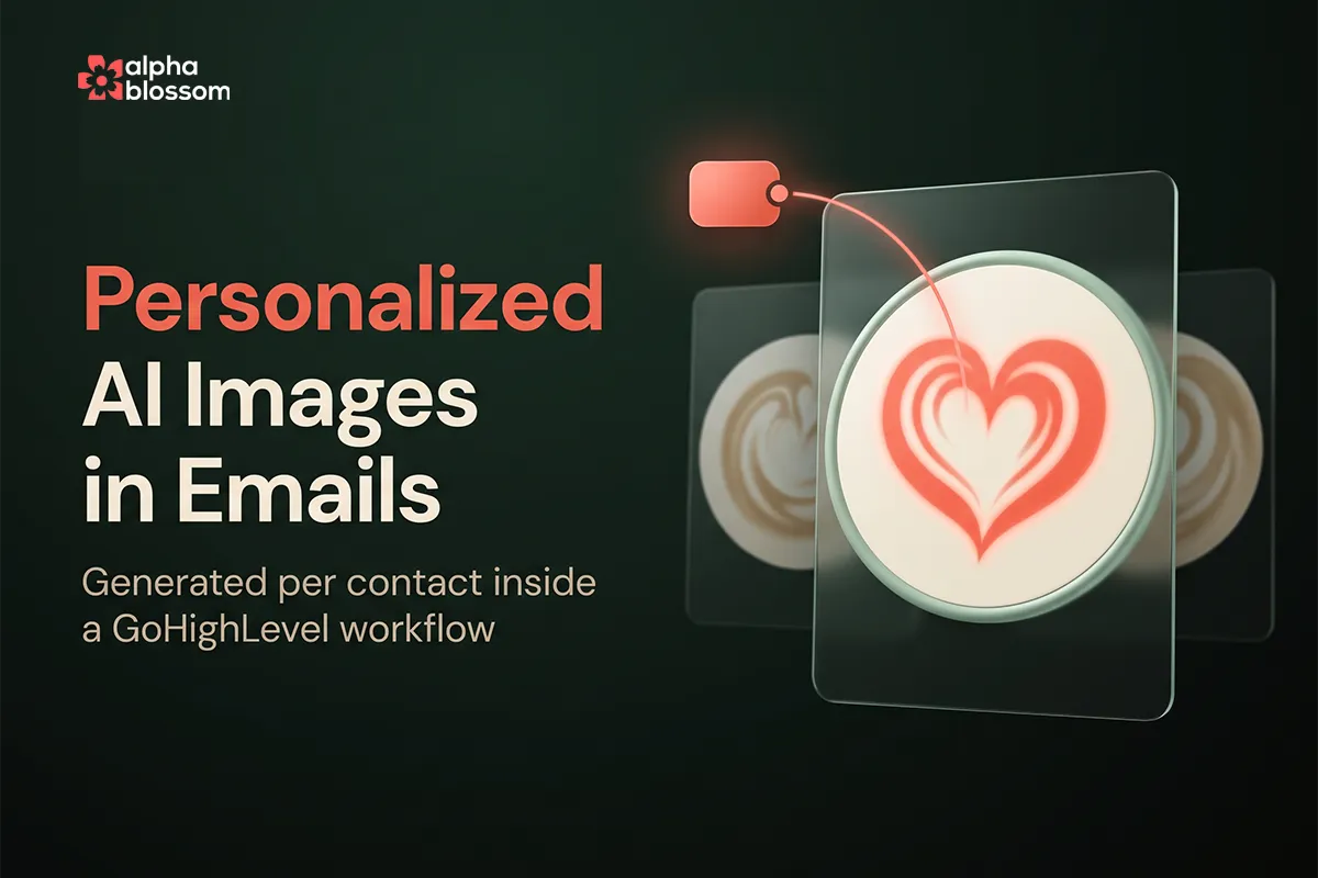 GoHighLevel AI image generation workflow sending an email with a personalized latte image showing the contact's first name in the foam