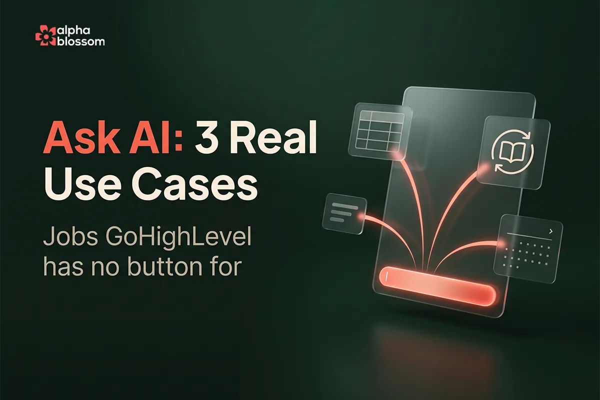 GoHighLevel Ask AI chat panel sending tasks to three cards for a DNS records export, a self-improving knowledge base, and an appointment export