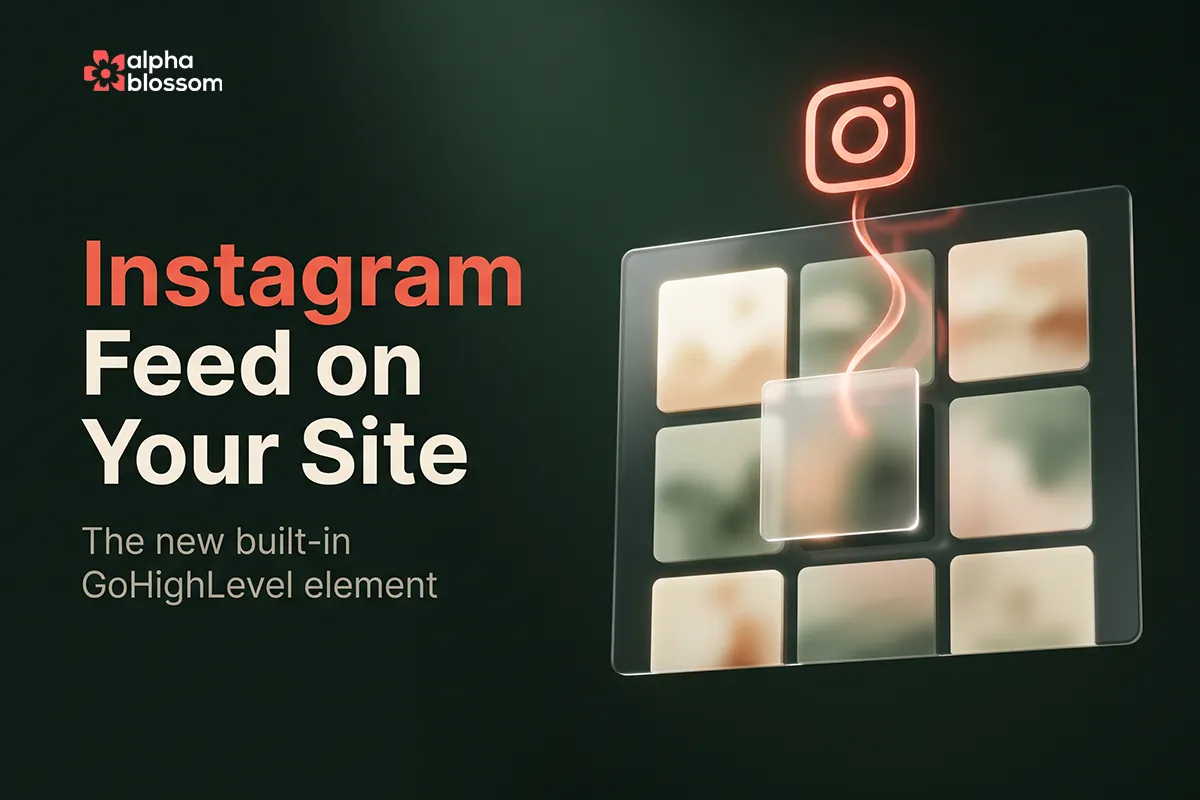 GoHighLevel Instagram feed element shown as a glass website panel with a grid of photo tiles and one post opening in a pop-up