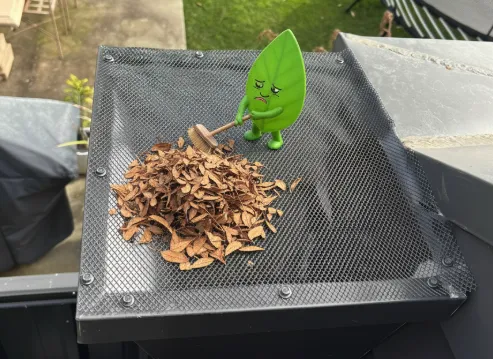 Leaves sitting on gutter guard mesh before cleaning and maintenance