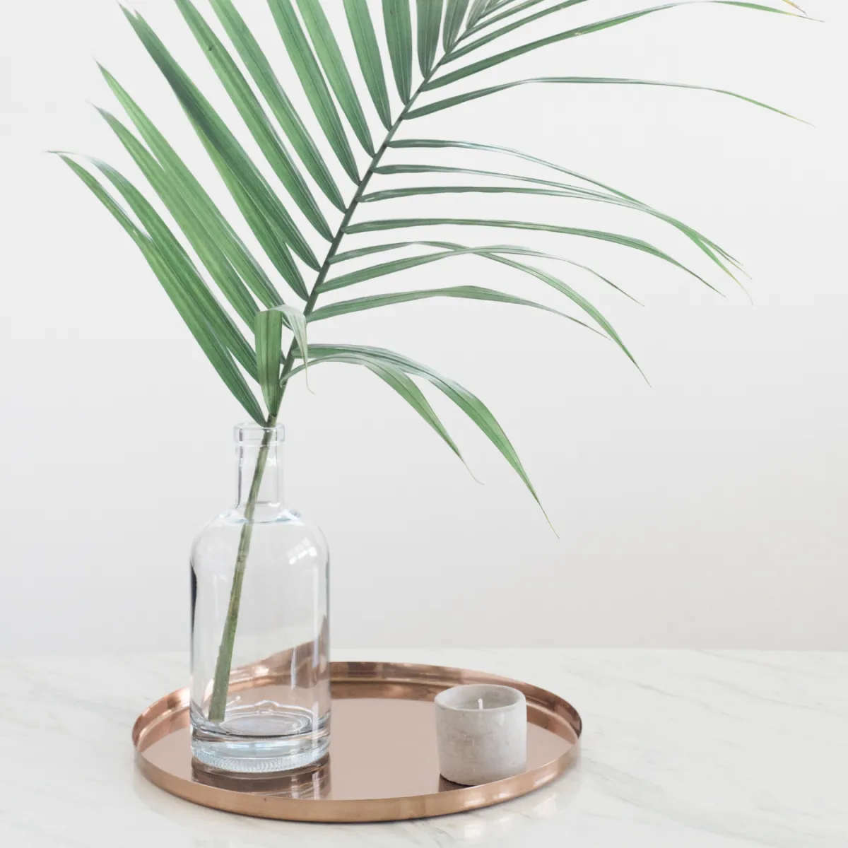 Table with a glass jar, holding a single fern in water.