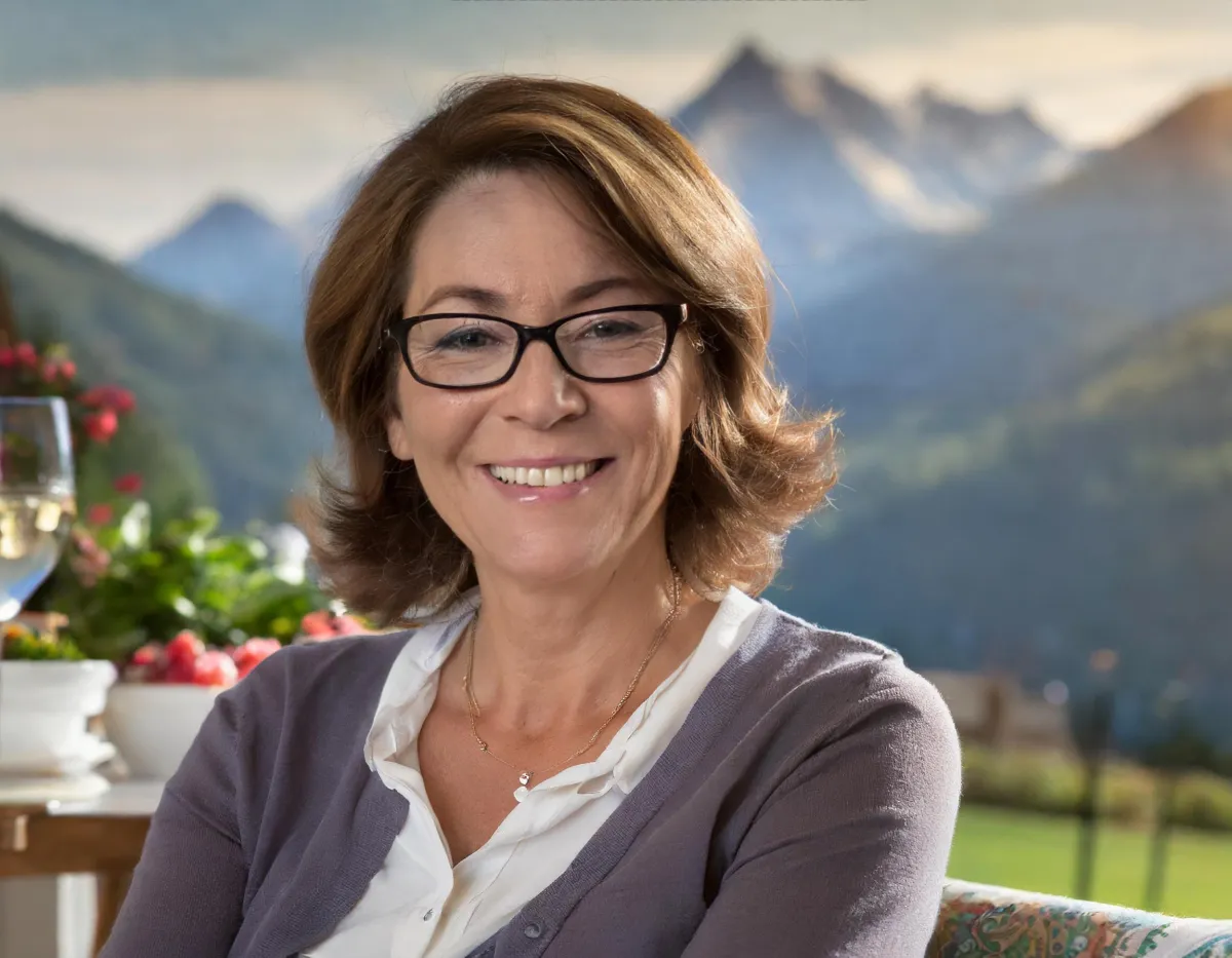 older female with glasses and a mountain range in the distance