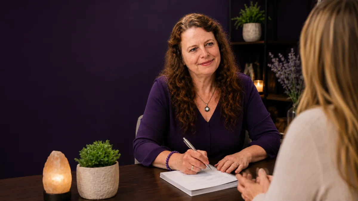 Katharine Caines providing personalized wellness coaching to a woman over 40