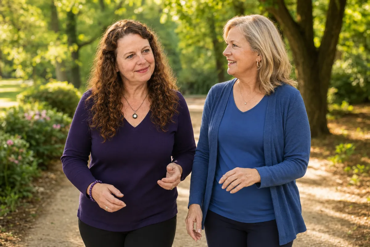 Katharine Caines walking with a mature woman during her holistic wellness journey