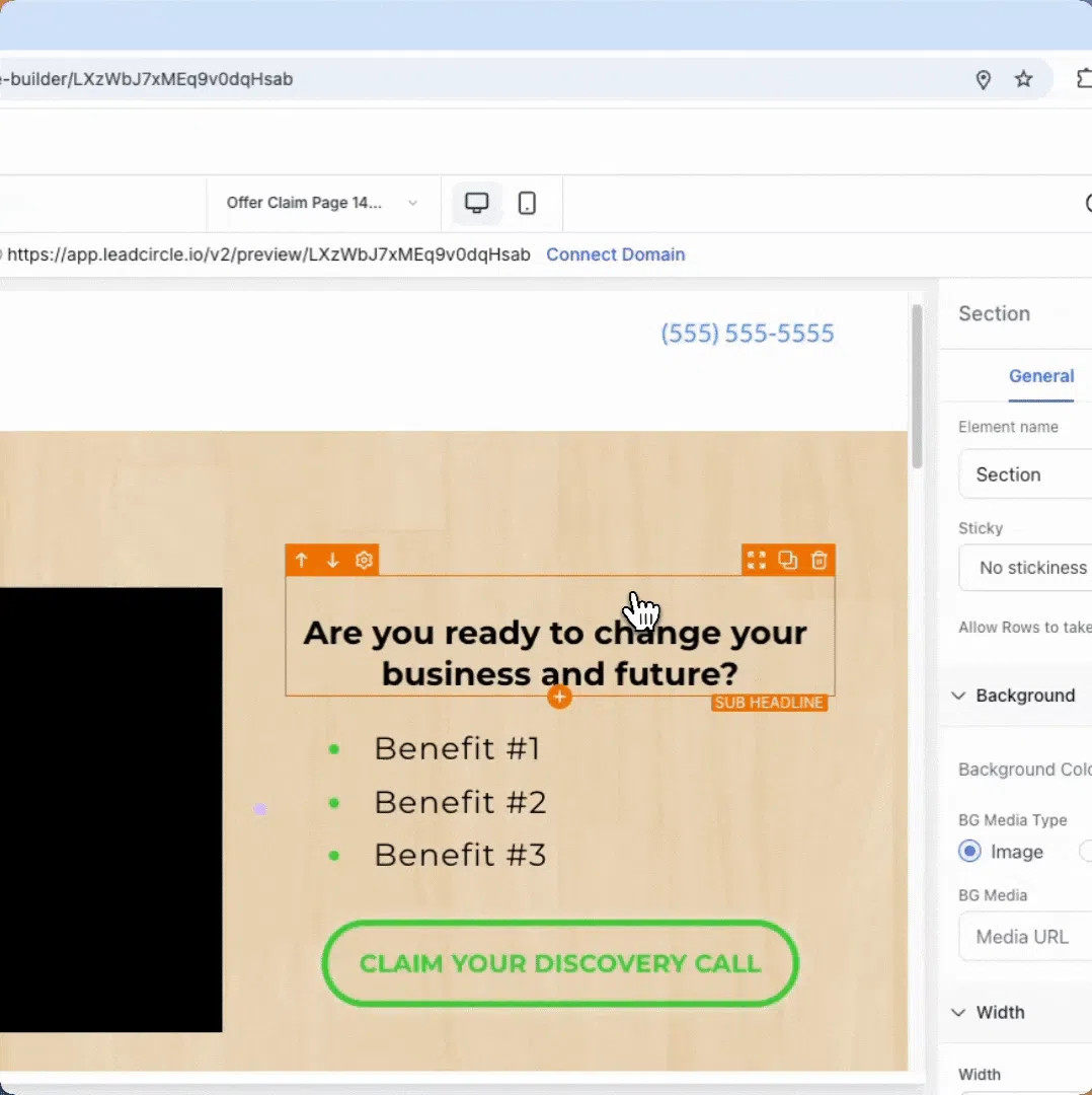 Drag-and-drop page editor inside all-in-one business platform for building high-converting landing pages and sales funnels