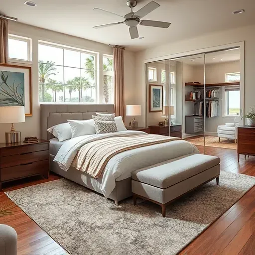 Elegant master suite addition in Tampa with spacious bedroom, plush king bed, modern accents, large windows, lush outdoor view