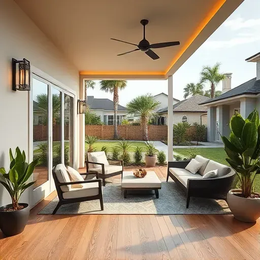 Renovated home addition in Tampa with modern extension, elegant patio, and energy-efficient windows amidst lush greenery.