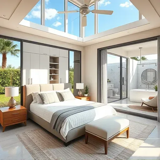 Elegant Tampa master suite with large windows, plush bed, walk-in closet, luxurious bathroom, lush landscaping