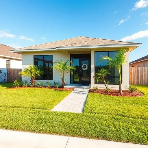 Beautiful modern in-law suite addition in Tampa with neutral tones, large windows, landscaped lawn, tropical plants, and a paved walkway
