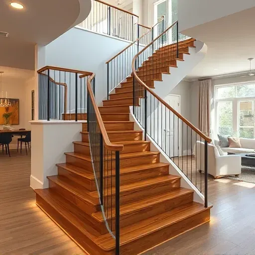 Modern residential staircase with wooden steps, metal railings, warm lighting, and contemporary living backdrop