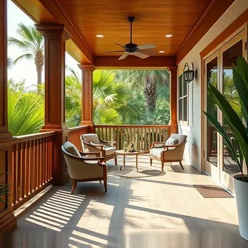 New Tampa porch addition with wooden columns, modern railings, plush seating, stamped concrete flooring, tropical plants, and lush greenery
