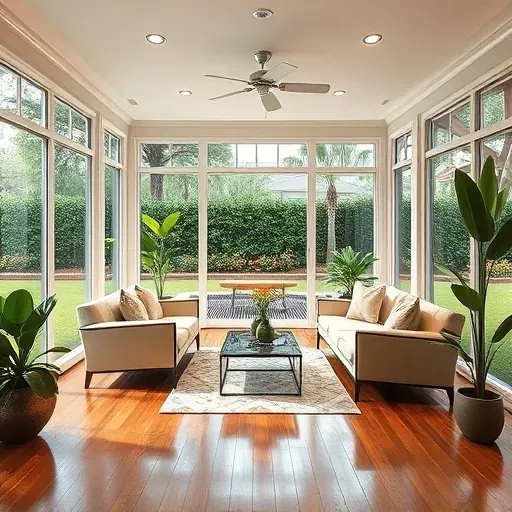Beautiful enclosed Tampa porch with large glass windows, hardwood floors, stylish furniture, greenery, and lush backyard views