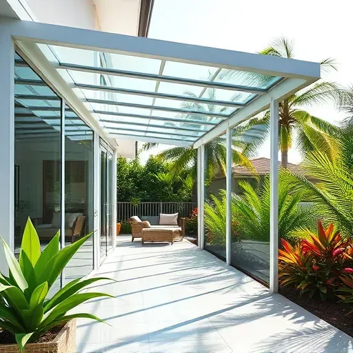 Modern Tampa patio enclosure with glass panels, lush tropical landscaping, bright Florida sky, and elegant outdoor living ambiance