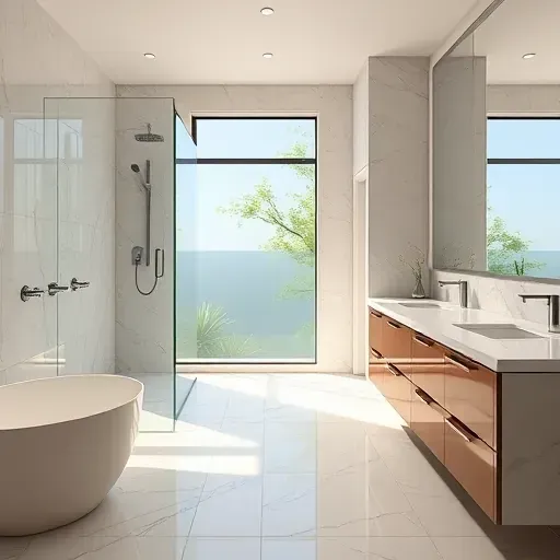 Renovated Tampa bathroom with walk-in shower, marble countertops, modern fixtures, large neutral tiles, and coastal greenery view