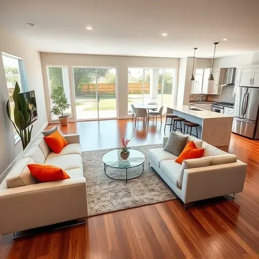 Modern living room in Holiday FL featuring stylish furniture, natural light, and a remodeled kitchen with elegant details.