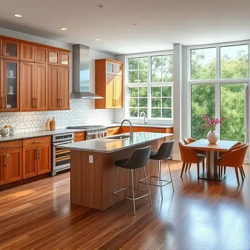 Modern kitchen remodel in Westchase FL with sleek appliances, polished granite counters, wood cabinets, and cozy dining area.