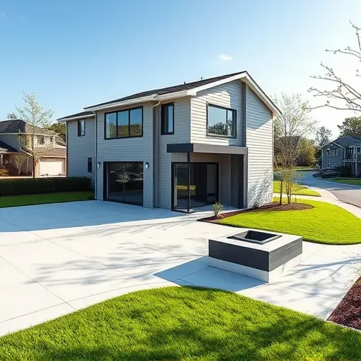 beautiful home addition in Tampa with modern architecture, large windows, textured siding, and manicured landscaping