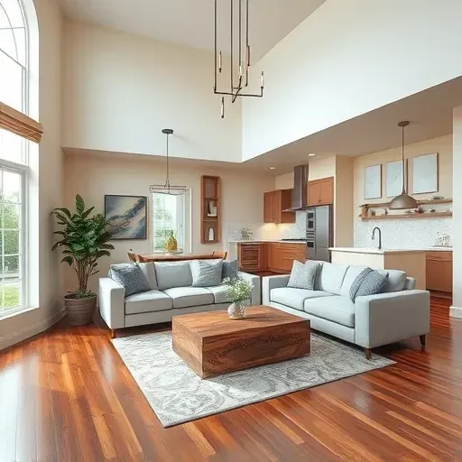 Modern living room in Land O' Lakes FL featuring open layout, high ceilings, hardwood floors, and stylish decor.