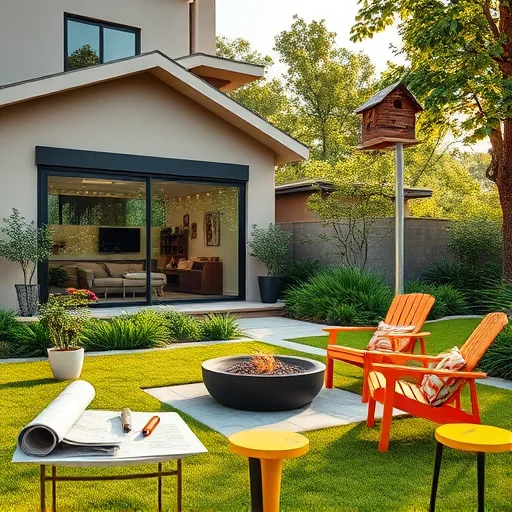 A highly detailed hyperrealistic image of a modern home renovation featuring a stylish, seamlessly integrated room extension attached to an elegant contemporary house. The extension boasts large floor-to-ceiling glass windows revealing a cozy, sunlit interior with lush greenery visible through the panes. The architectural design includes sleek, clean lines and a playful, sculptural roofline resembling a gentle wave, adding a creative and fluid touch to the structure. Surrounding the house, a vibrant garden blooms with colorful flowers, a whimsical cartoonish birdhouse perched atop a tree, and a curious squirrel peeking through the foliage, enhancing the scene's charm. In the foreground, a well-manicured lawn with textured grass and stone paving leads to an outdoor seating area featuring a modern fire pit and vibrant mismatched chairs, creating an inviting outdoor space. A side view shows construction elements like a vintage blueprint on a table and a quirky robot delivering a tiny potted plant, adding humorous and playful details. The scene employs warm earthy tones such as taupe, olive, and sunset gold, accented by lively colors from the flowers and furniture, blending sophistication with personality. Every element, from reflective glass surfaces to textured wood and fluttering leaves, is rendered with hyperrealistic precision, capturing the harmony of innovative craftsmanship and natural beauty in a lively, inviting setting.