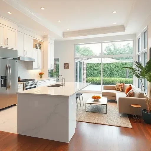 Elegant open-concept living space in Gulfport FL with modern kitchen, plush furniture, and natural light enhancing luxury.