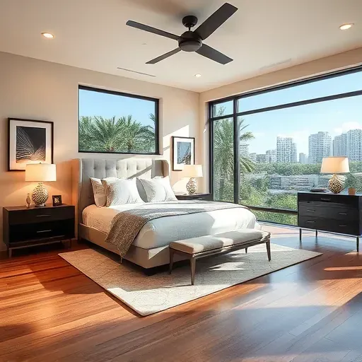 Spacious modern Tampa bedroom with sleek furniture, large windows showing skyline, lush greenery, and stylish decor.
