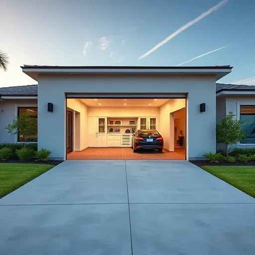New modern garage addition in Tampa FL with clean lines, spacious interior, lush landscaping, and sunny Florida sky