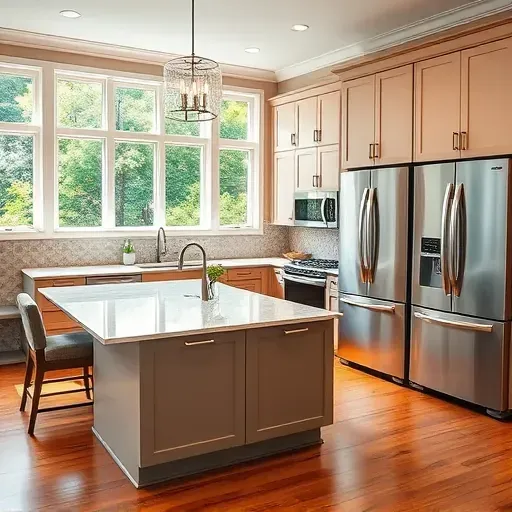 Recently renovated Tampa kitchen with granite countertops, stainless steel appliances, custom cabinetry, marble island, hardwood floors, and large windows