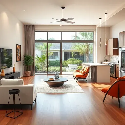 Beautifully remodeled living room in Zephyrhills, FL with open floor plan, hardwood floors, and natural light.