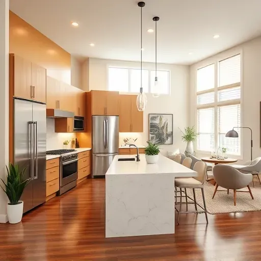 Modern kitchen remodel in New Port Richey featuring custom cabinetry, quartz countertops, stainless steel appliances, and hardwood flooring.