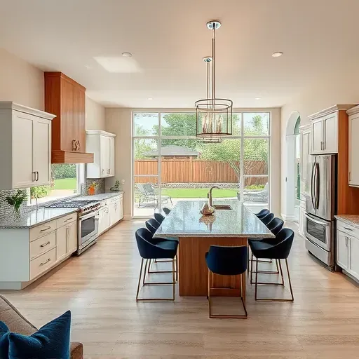 Spacious modern kitchen in Sun City Center, FL with stainless steel appliances, granite countertops, and natural wood finishes.