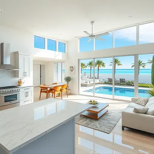 Modern coastal home remodel in Clearwater Beach with an open living space, quartz kitchen, and tropical landscaped patio.
