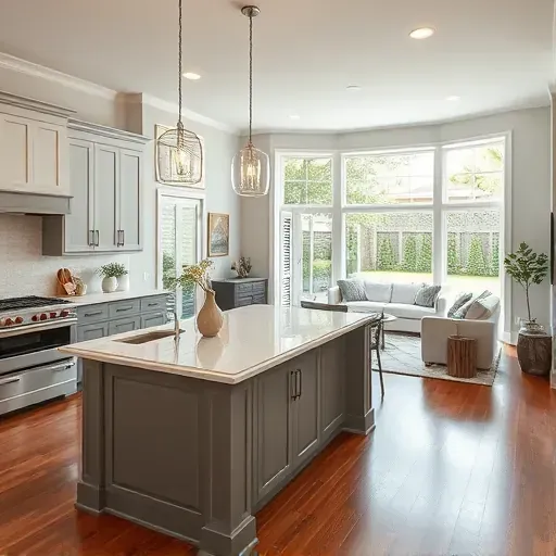 Stunning modern kitchen remodeling in Kenneth City FL with quartz countertops, sleek cabinetry, and open living area.