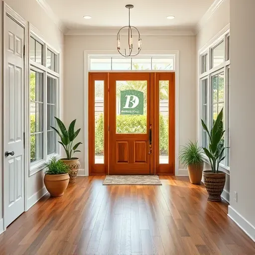 Beautiful Tampa entryway addition with hardwood flooring, wooden door, tropical landscaping, and warm natural light