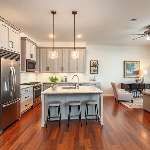 Modern kitchen remodeling in Brandon FL with granite countertops, stainless steel appliances, and elegant lighting fixtures.