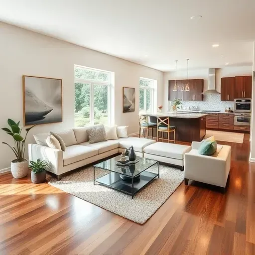 Elegant living room in Land O' Lakes FL with modern furnishings, ample natural light, and open-concept kitchen.