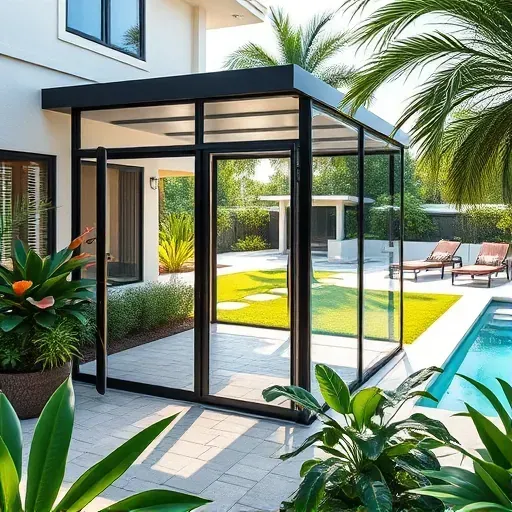 Modern patio enclosure with glass panels, metal framing, lush tropical plants, backyard pool, and lush greenery in Tampa