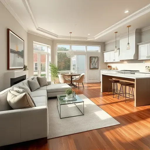 Modern living room in Valrico FL with sectional sofa, chic coffee table, natural light, and stylish kitchen.