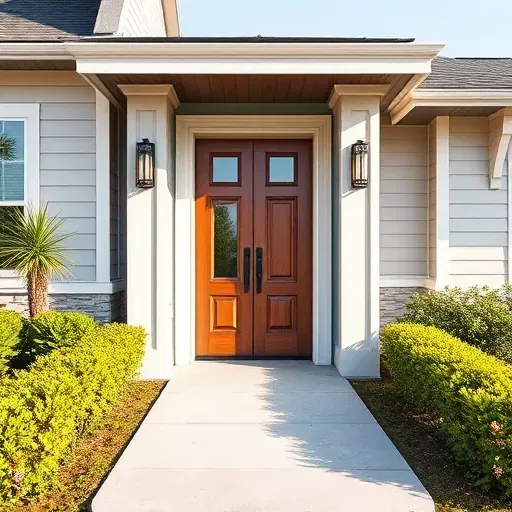 Modern Tampa front entrance with custom wooden door, lush landscaping, paved pathway, and contemporary house facade
